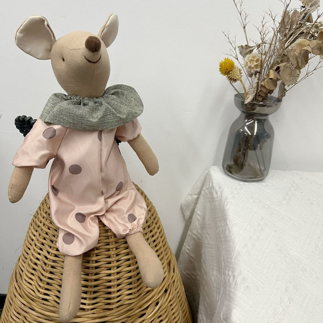 Handcrafted Linen Elephant Plush Doll with Striped Ruffle Collar and Soft Romper
