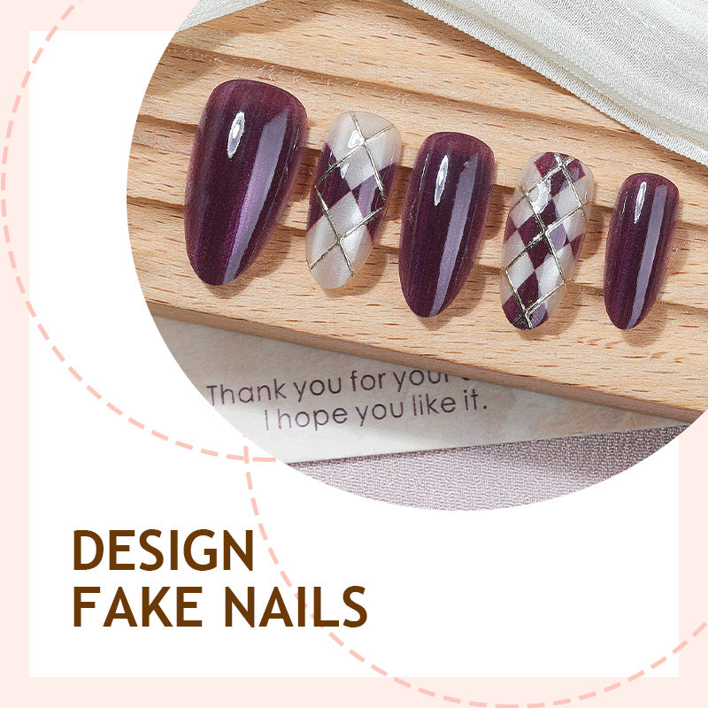Artificial nail set with elegant checkered pattern and deep shine Stornfield