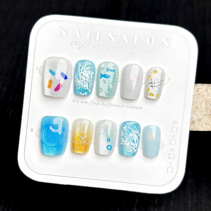 Decorative Press-On Nail Art Set with Oceanic Themes