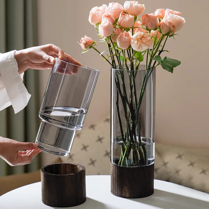 High-quality glass vase with wooden base Stornfield