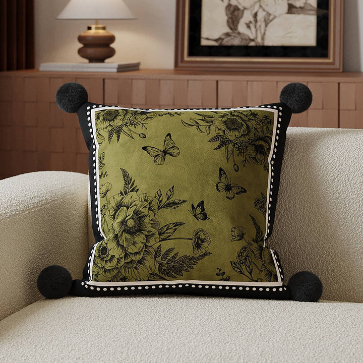 Square Decorative Toile Print Cushion Cover with Corner Pom-Pom Trims and Hidden Zipper
