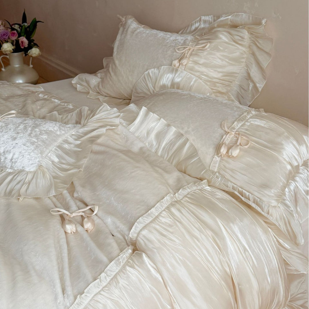 Romantic Ruffled Satin-Trimmed Duvet Cover Bedding Set with Bow Accents