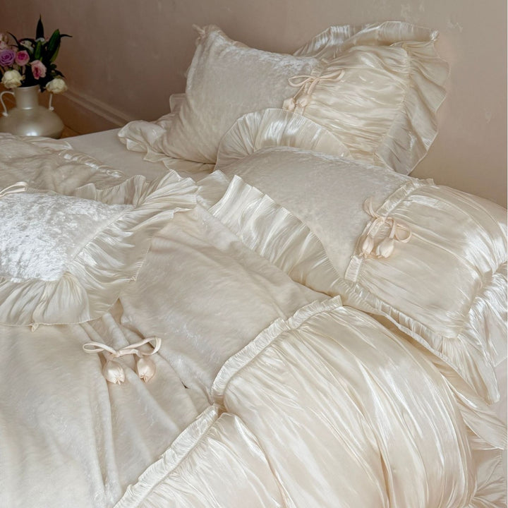 Romantic Ruffled Satin-Trimmed Duvet Cover Bedding Set with Bow Accents