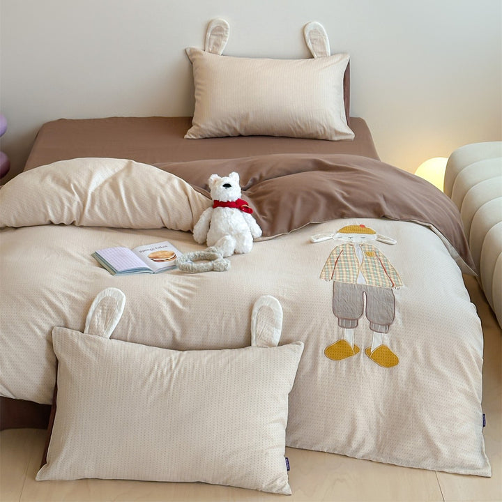 Reversible Cotton-Blend Duvet Cover Set with Appliqué Bunny Ears & Patchwork Doll Accent