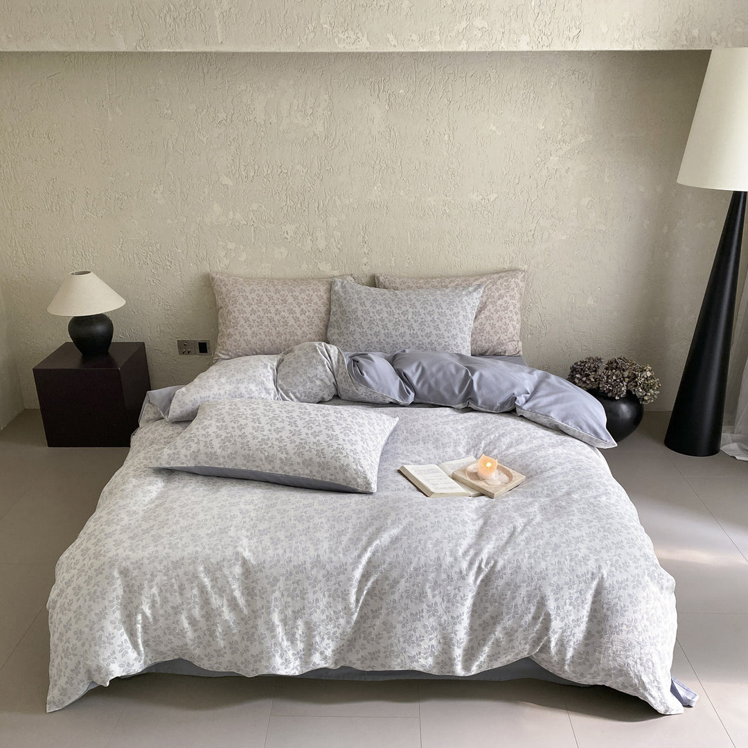 Floral Micro-Print Cotton Sateen Duvet Cover Set with Reversible Solid-Back and Pillow Shams