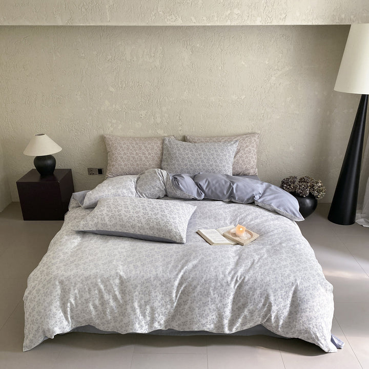 Floral Micro-Print Cotton Sateen Duvet Cover Set with Reversible Solid-Back and Pillow Shams