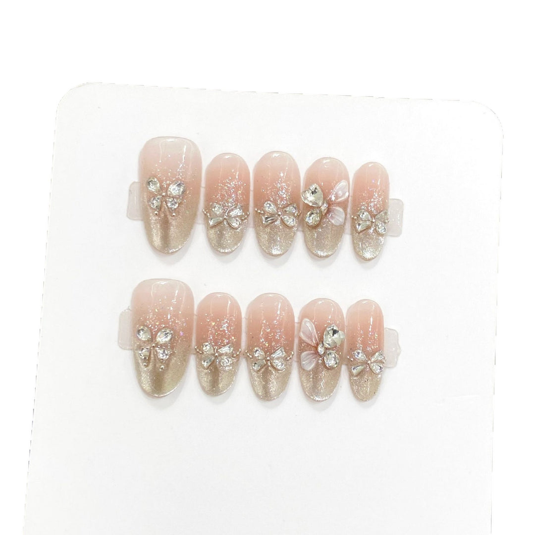 Decorative Press-On Nail Art Set with Rhinestone Bow Accents