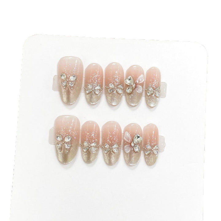 Decorative Press-On Nail Art Set with Rhinestone Bow Accents