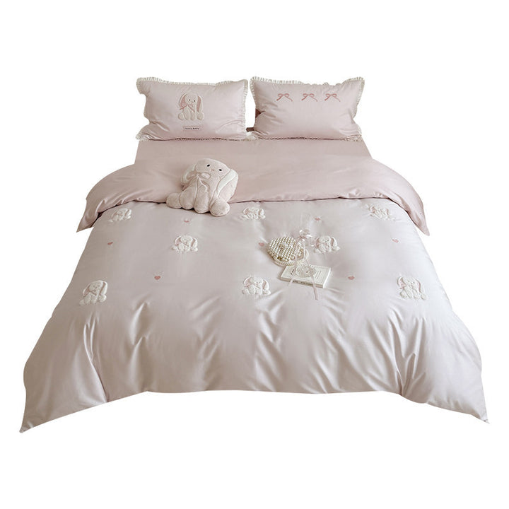 Embroidered Bunny Appliqué Cotton Sateen Duvet Cover Set with Ruffled Pillow Shams