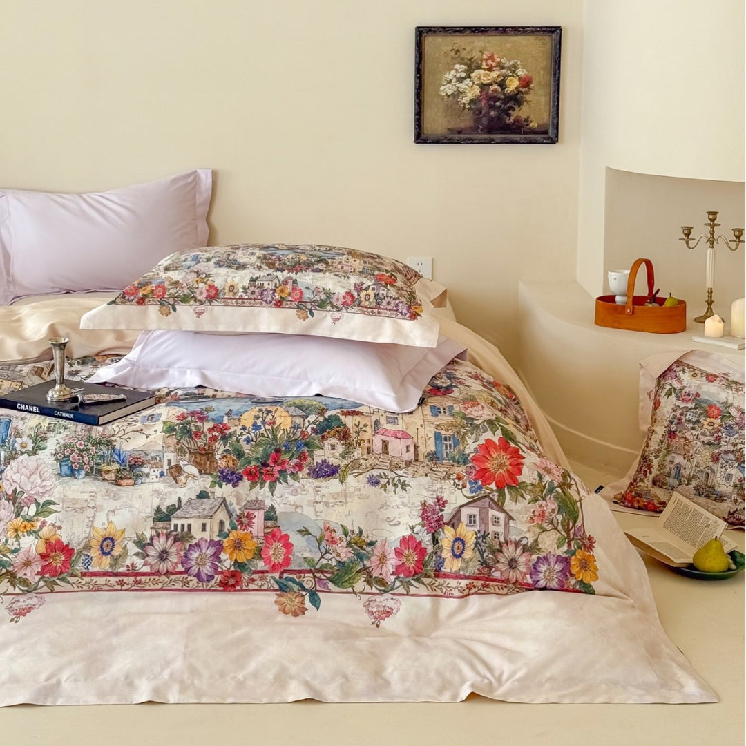 Reversible Cotton Sateen Duvet Cover Set with Romantic Watercolor Village Floral Print and Oxford Pillow Shams
