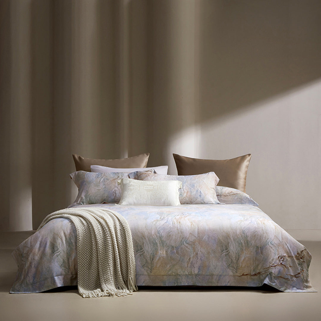 Marble-Effect Cotton Sateen Duvet Cover Set with Knitted Throw and Oxford Shams