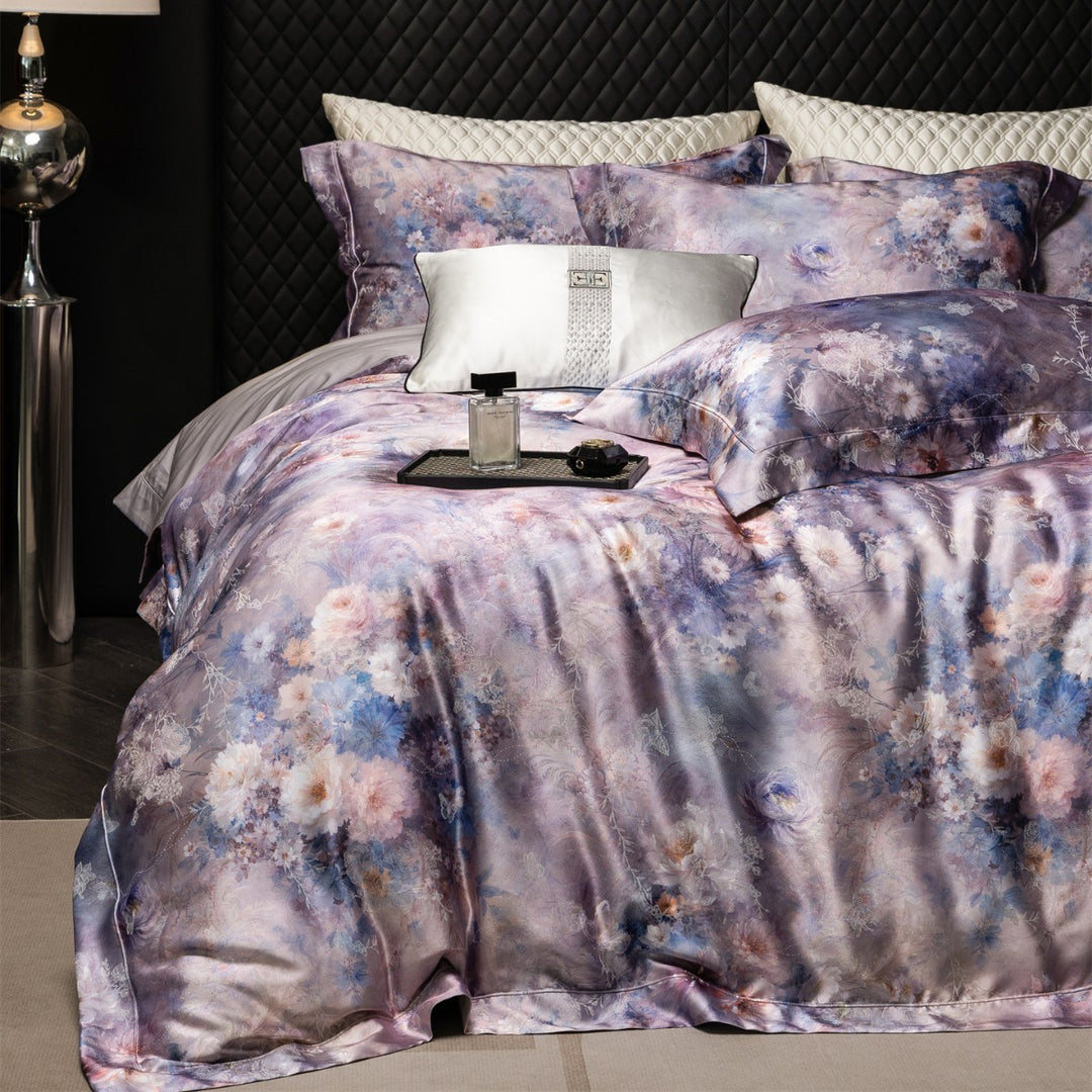 Silky Sateen Floral Duvet Cover Set with Reversible Satin Back and Luxury Pillow Shams