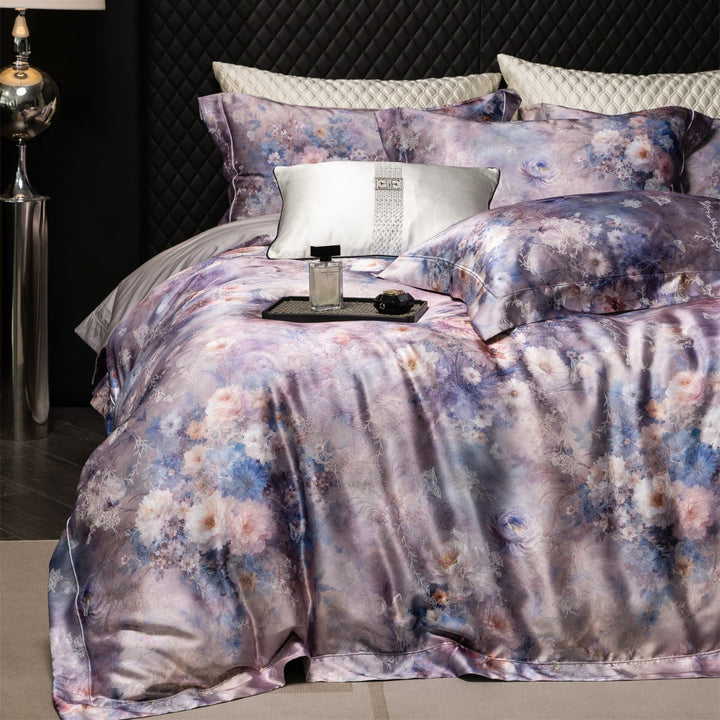Silky Sateen Floral Duvet Cover Set with Reversible Satin Back and Luxury Pillow Shams