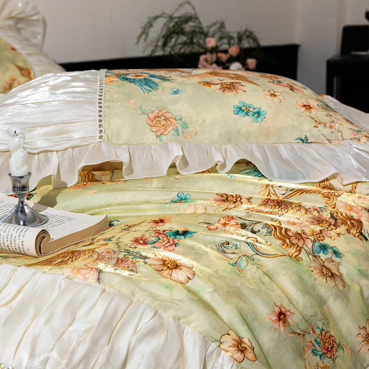 Satin-Trim Ruffled Floral Duvet Cover Set with Decorative Pillow Shams