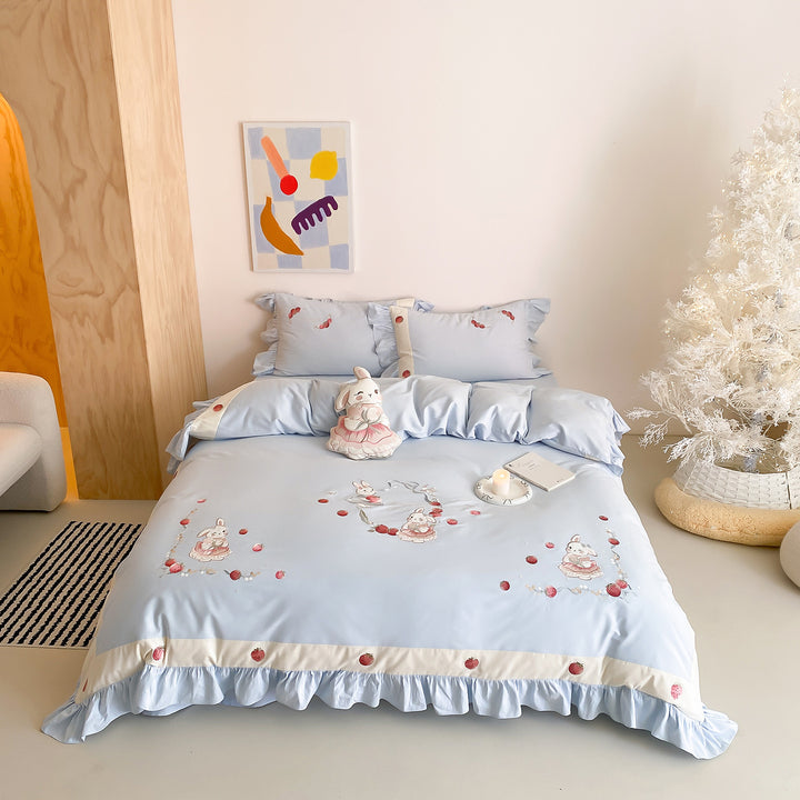 Ruffled Embroidered Bunny Cotton-Sateen Duvet Cover Set with Pillow Shams