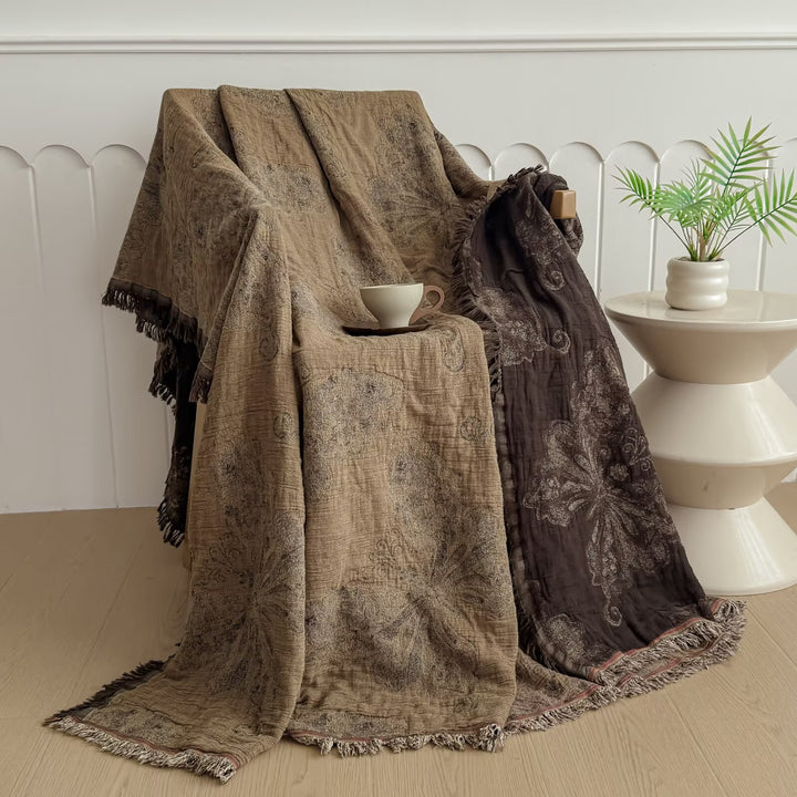 Oversized Jacquard Patchwork Floral Woven Throw Blanket with Fringed Edges