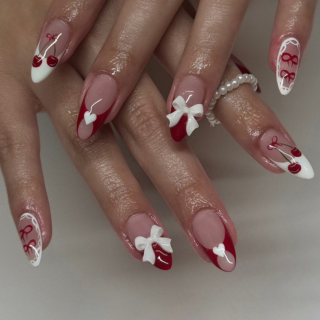 Decorative Press-On Nail Art Set with 3D Bow and Cherry Designs Stornfield