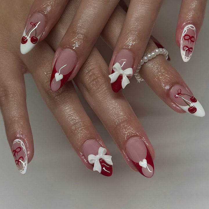 Decorative Press-On Nail Art Set with 3D Bow and Cherry Designs Stornfield