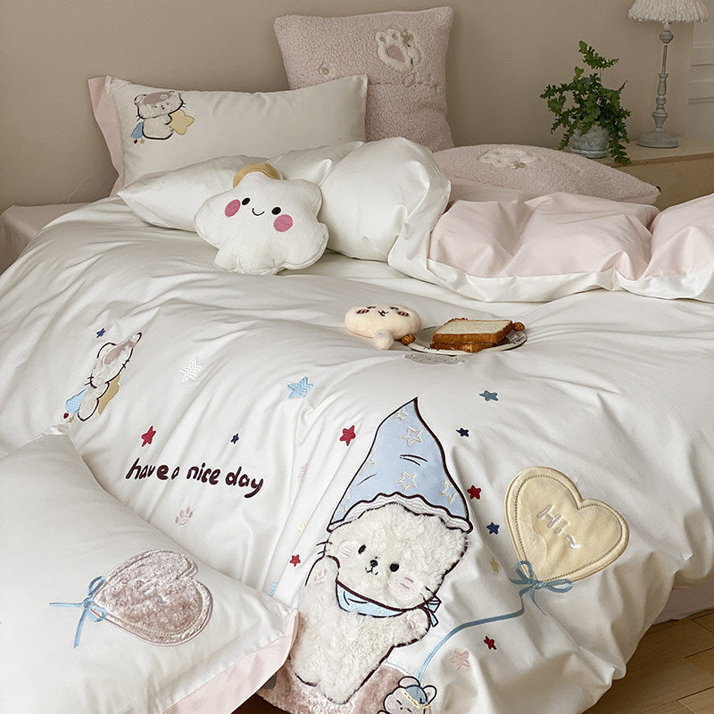 Embroidered Cotton Duvet Cover and Pillowcase Set