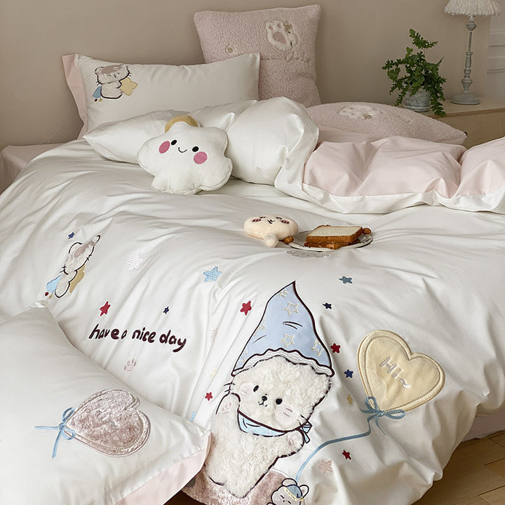 Embroidered Cotton Duvet Cover and Pillowcase Set