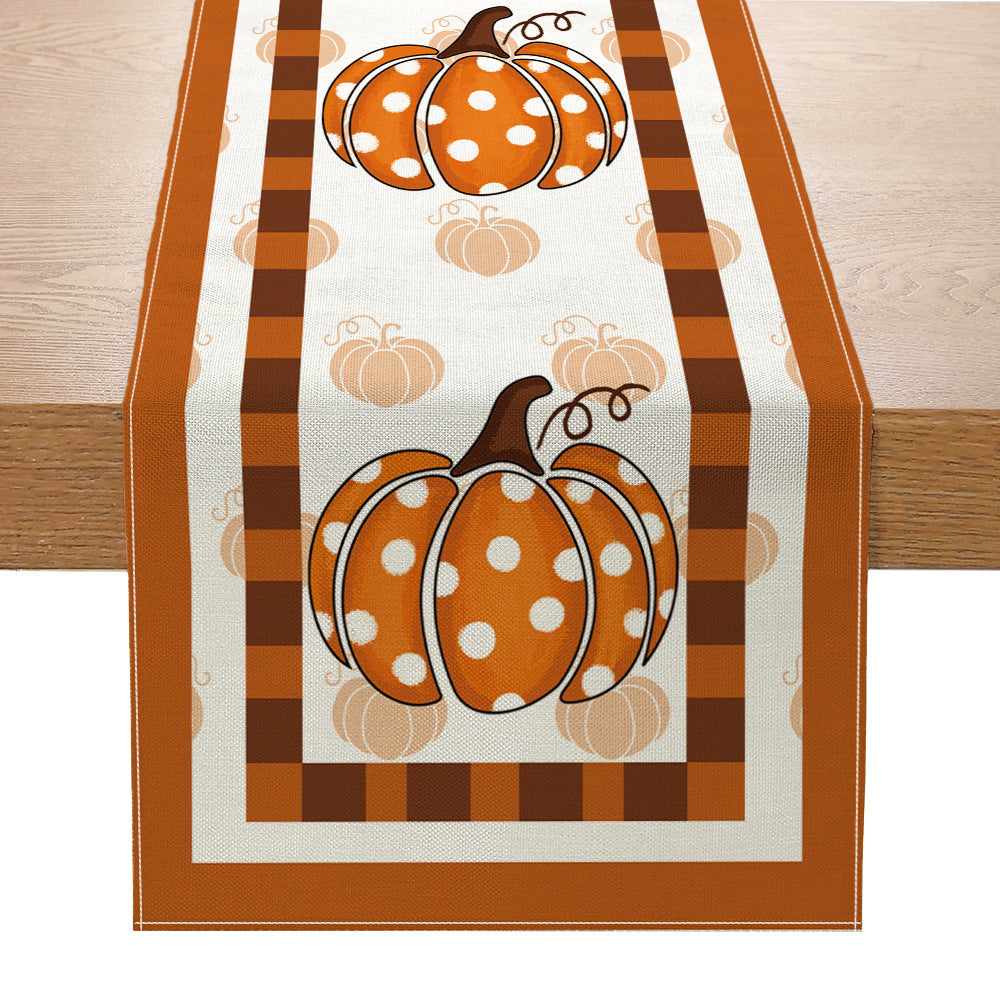 Autumn Cotton-Linen Decorative Table Runner with Pumpkin & Gingham Border