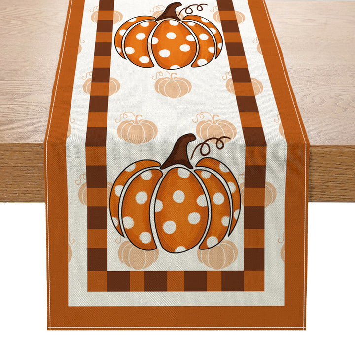 Autumn Cotton-Linen Decorative Table Runner with Pumpkin & Gingham Border