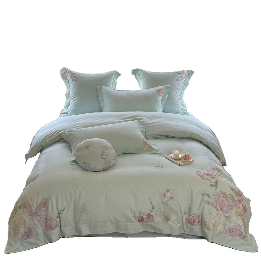 Embroidered Floral Cotton Sateen Duvet Cover Bedding Set with Decorative Shams & Round Throw Pillow