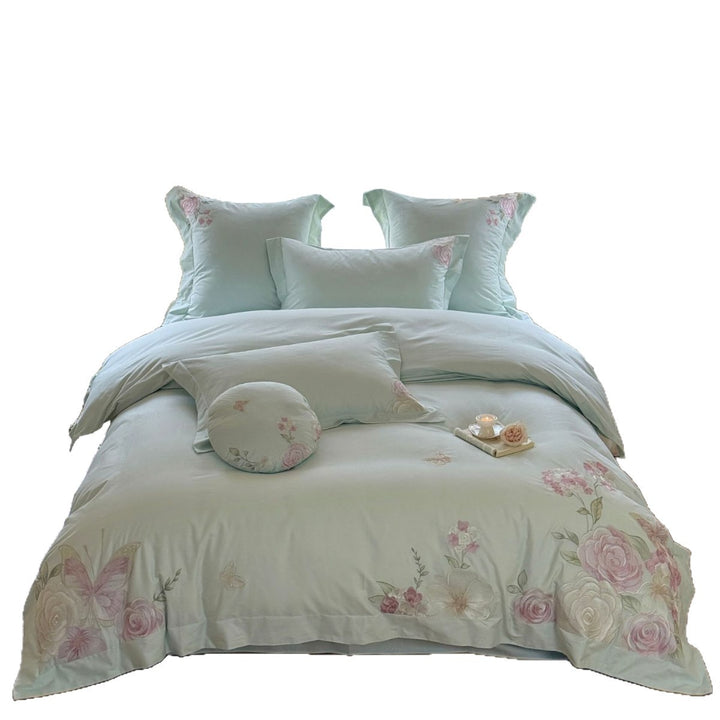 Embroidered Floral Cotton Sateen Duvet Cover Bedding Set with Decorative Shams & Round Throw Pillow