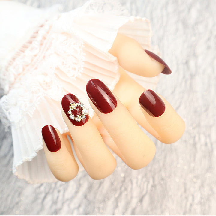 Glossy Red Press-On Nail Set with Elegant Pearl Accents Stornfield