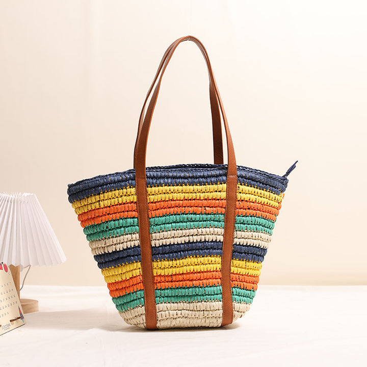 Braided straw tote bag with sturdy leather handles Stornfield