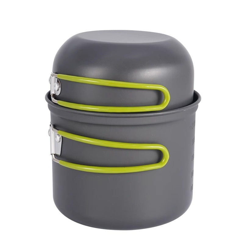 lightweight nesting anodized camping cookware set with folding silicone handles and measurement marks Stornfield