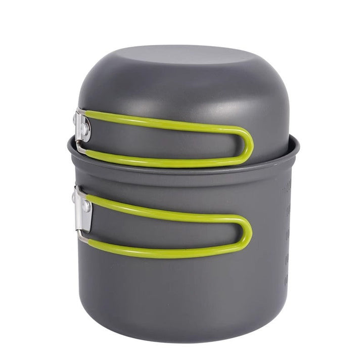 lightweight nesting anodized camping cookware set with folding silicone handles and measurement marks Stornfield