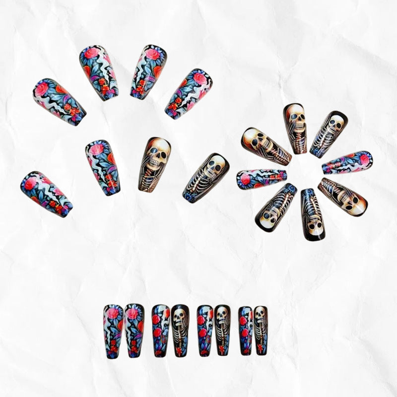 Creative artificial nails with skeleton and flower motifs Stornfield
