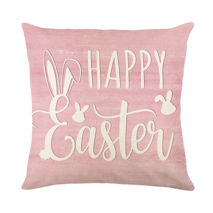 Square Cotton-Linen Decorative Throw Pillow Cover with Easter Bunny Script Print