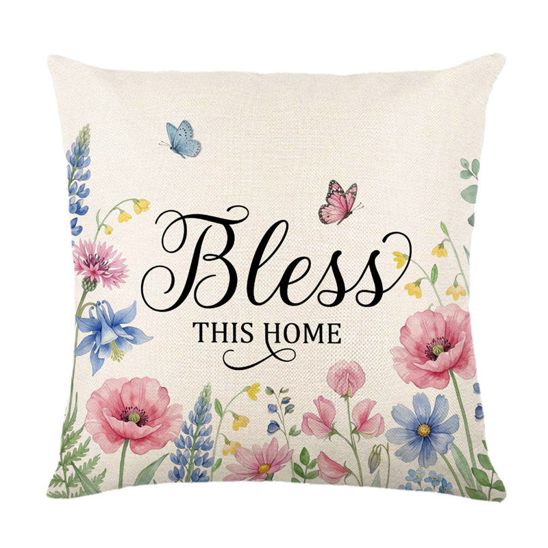 Decorative Linen-Texture Floral "Bless This Home" Accent Pillow