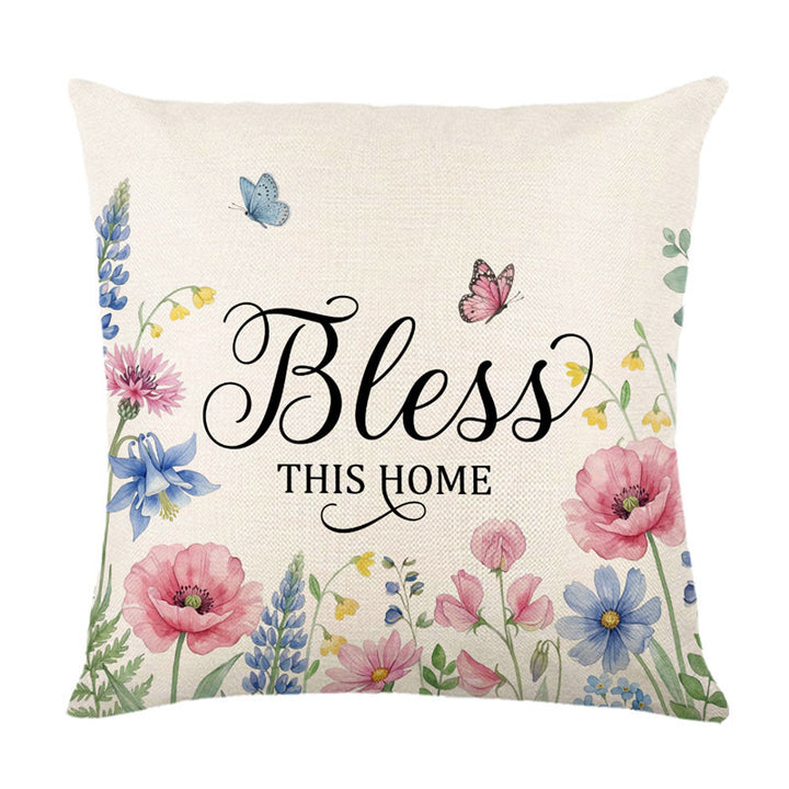 Decorative Linen-Texture Floral "Bless This Home" Accent Pillow