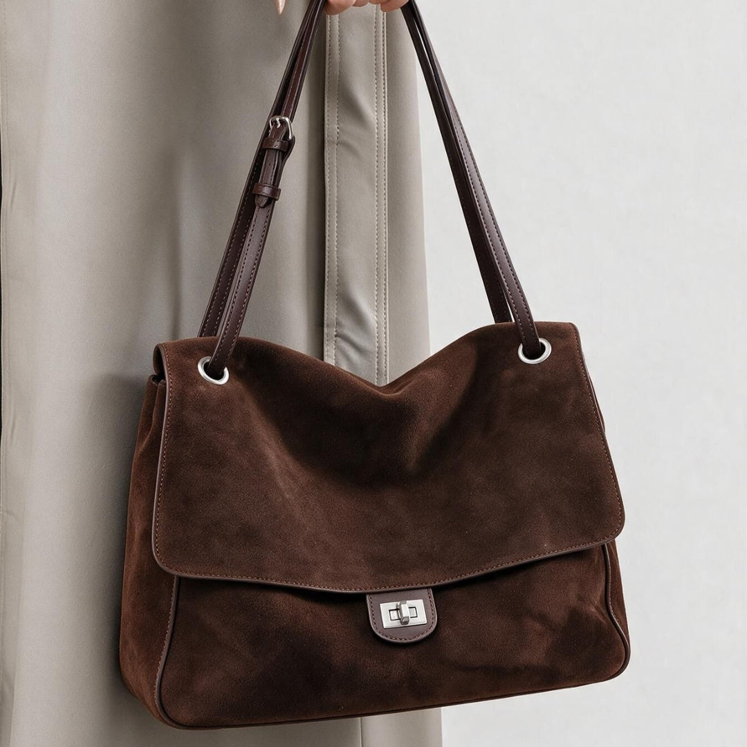 Suede Shoulder Tote Bag with Flap and Turn-Lock Closure
