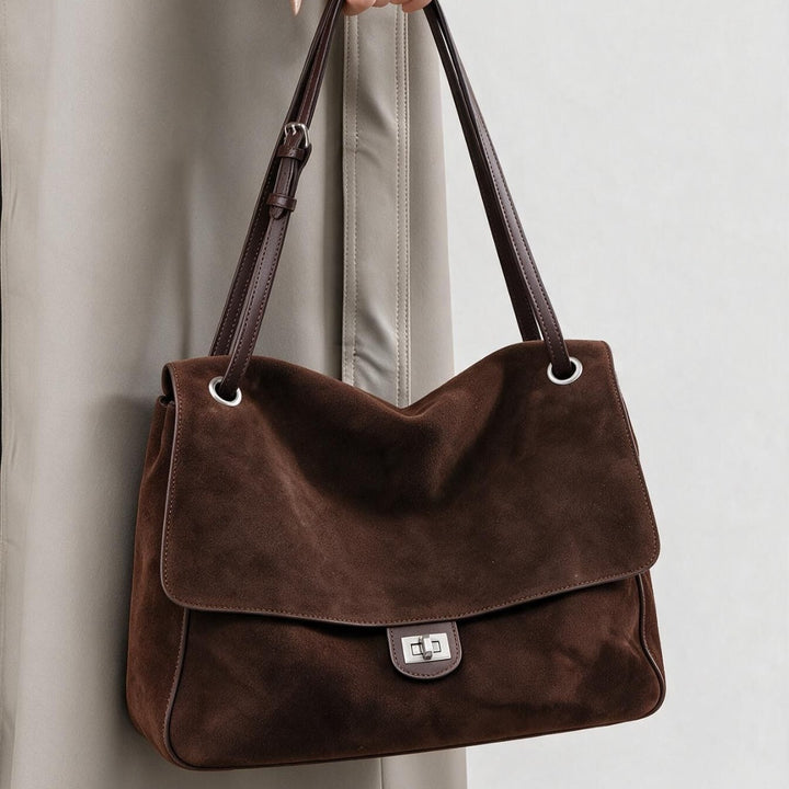 Suede Shoulder Tote Bag with Flap and Turn-Lock Closure