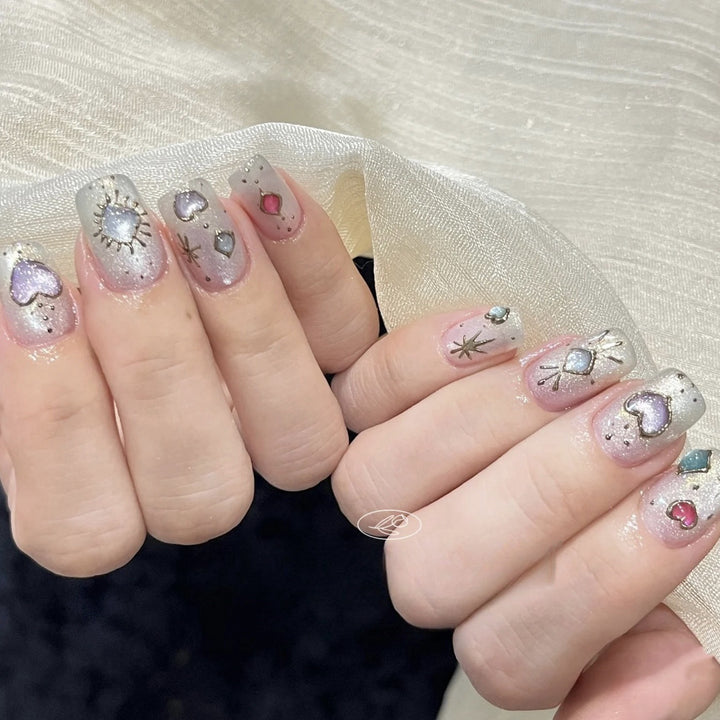 Decorative Press-On Nail Set with Gemstone Accents