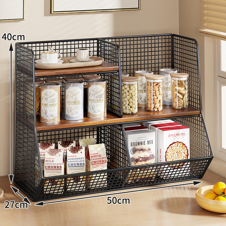 Multi-Tier Wire Mesh Countertop Pantry Organizer with Wood Shelves and Basket