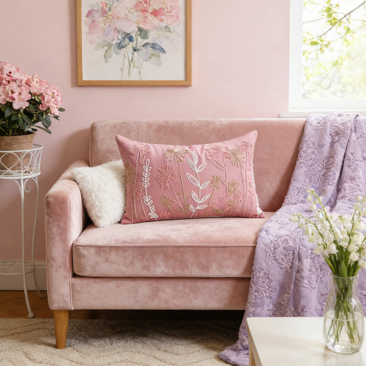 Embroidered Botanical Velvet Lumbar Accent Pillow Cover with Plush Insert