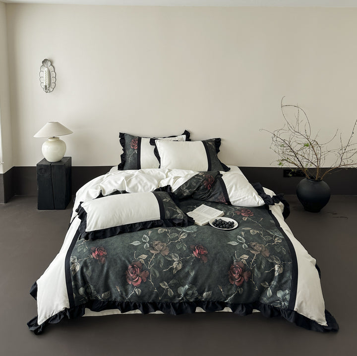 Premium bedding set made of cotton satin with floral jacquard and contrasting frill