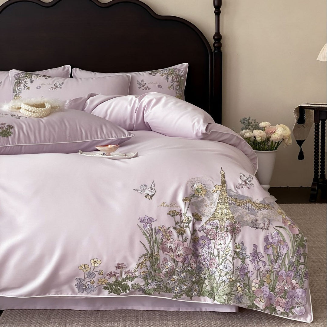 Elegant cotton satin bedding set with fine floral embroidery and Paris motif