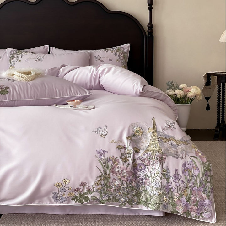 Elegant cotton satin bedding set with fine floral embroidery and Paris motif