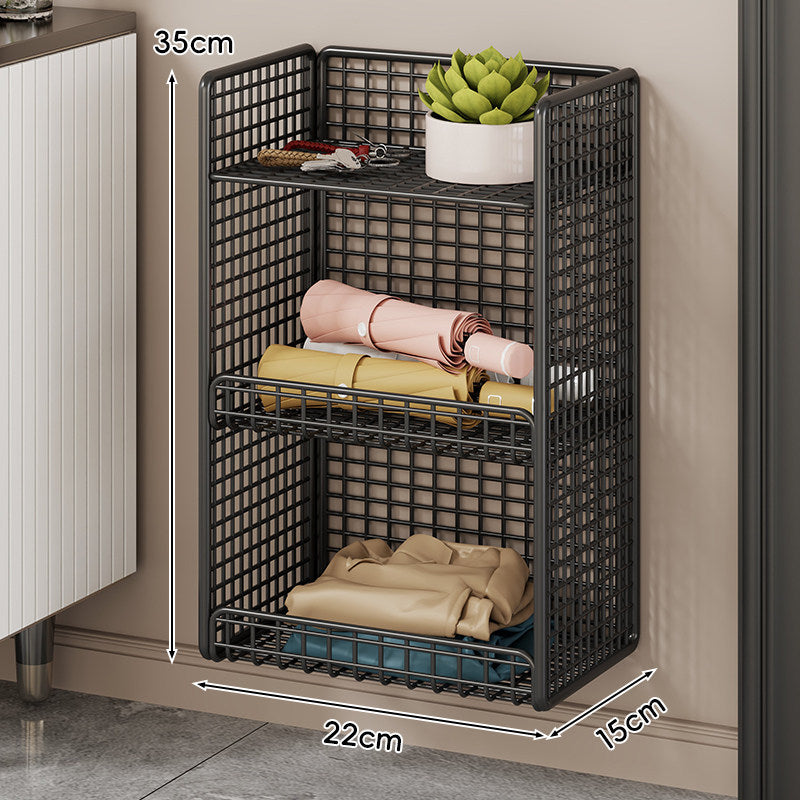 Wall-Mounted Mesh Entryway Organizer with Three-Tier Shelves and Side Umbrella Rack