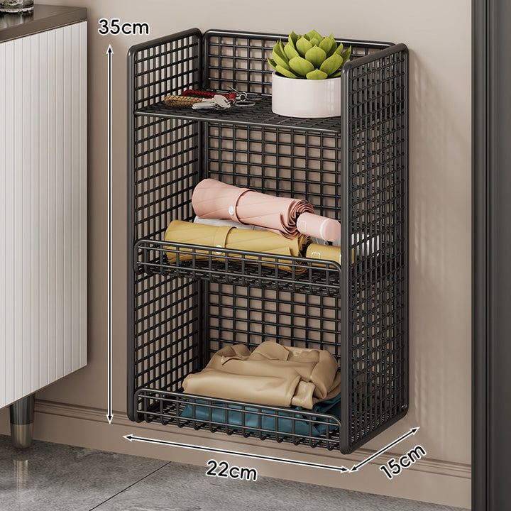 Wall-Mounted Mesh Entryway Organizer with Three-Tier Shelves and Side Umbrella Rack