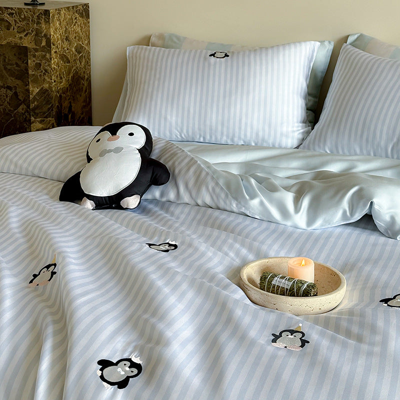Satin bedding set with silky glossy striped design and subtle panda illustration