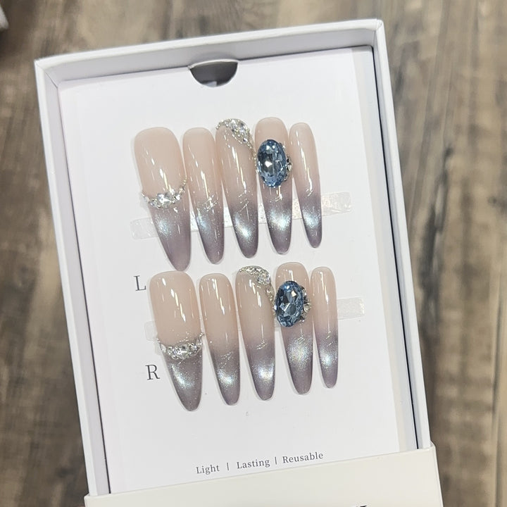 Glamorous Press-On Nail Set with Ombré Design and Rhinestone Accents Stornfield