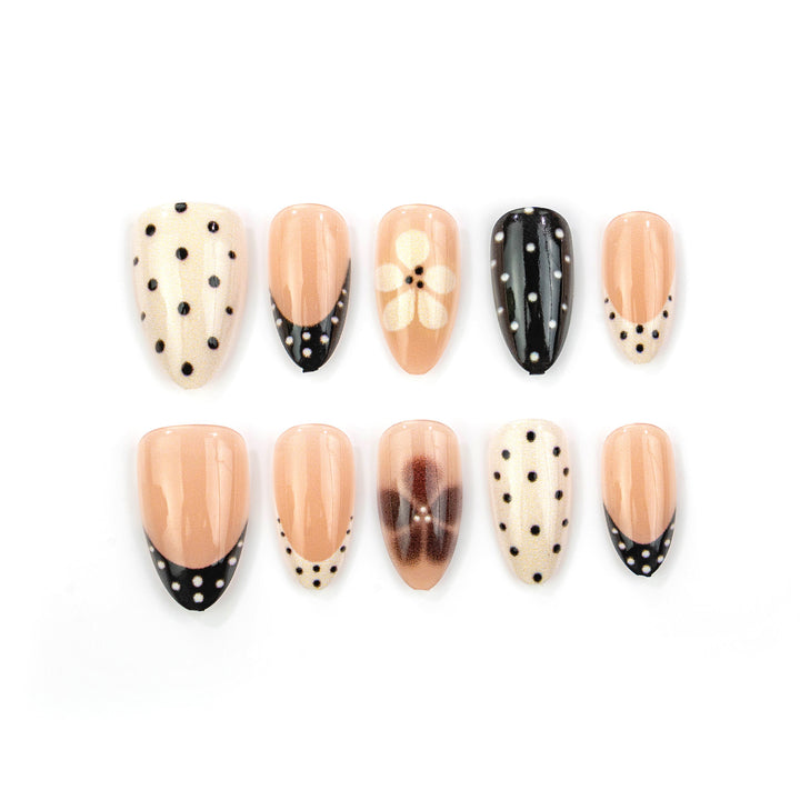 Elegant Pointed Press-On Nail Art with Polka Dot and Ombre Designs Stornfield