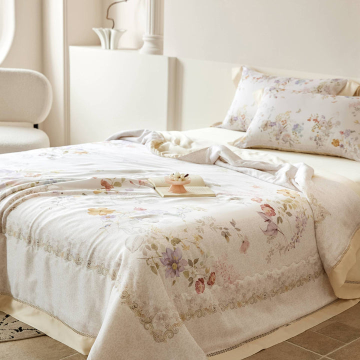 Elegant satin bedding set with floral watercolor print and ruffled bed skirt